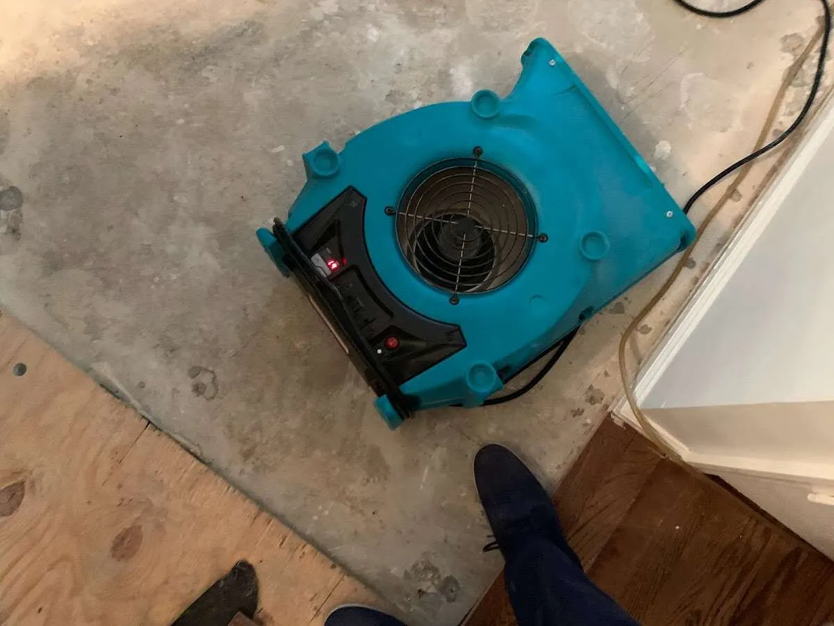 Air mover drying subfloor during Leak Detection & Repair in Burnsville